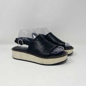 Miz Mooz Verity Flat Wedge Sandal Womens 6.5 Black Leather Buckle Comfort Casual